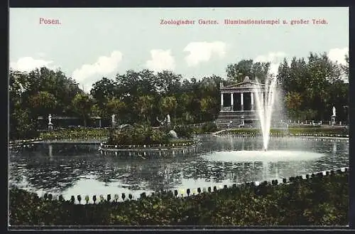 AK Posen, Zooglogischer Garten, Illuminationstempel und grosser Teich