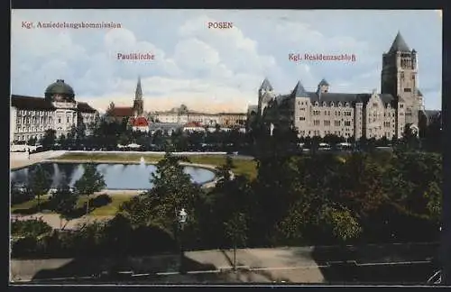 AK Posen / Poznan, Paulikirche mit Kgl. Residenzschloss und Kgl. Ansiedlungskommission