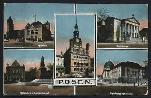 AK Posen / Poznan, Stadttheater, Kgl. Akademie und Bismarckdenkmal