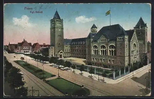 AK Posen-Poznan, Das königliche Schloss, Strassenbahn