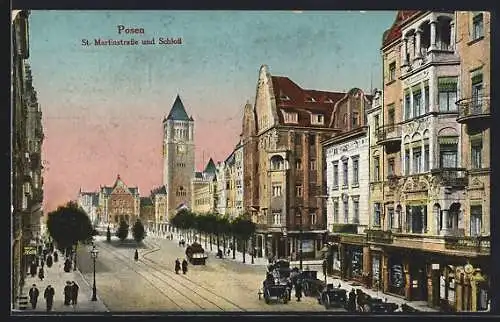 AK Posen / Poznan, St. Martinstrasse und Schloss