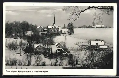 AK Niedermühlen /Mehrbachtal, Ortspartie mit Kirche im Winter