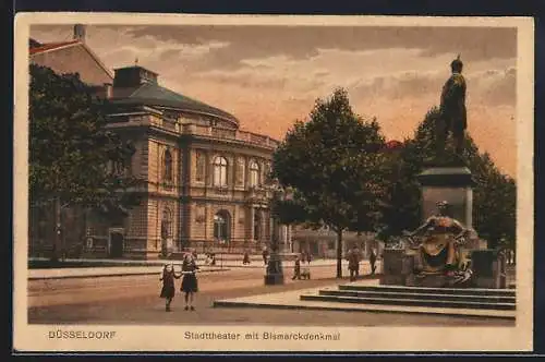 AK Düsseldorf, Stadttheater mit Bismarckdenkmal