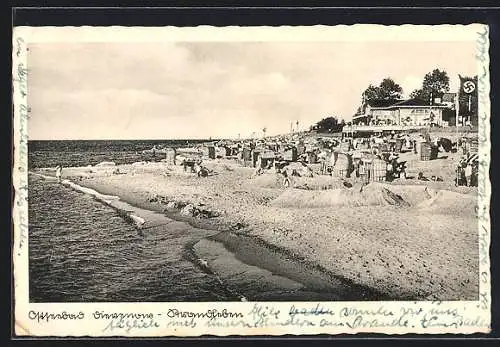 AK Dievenow, Strandleben mit Café und flagge