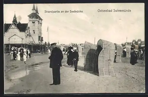 AK Swinemünde /Ostsee, Strandpartie an der Seebrücke