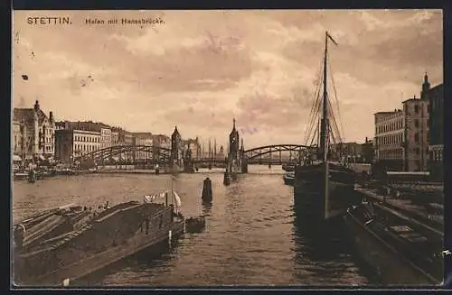 AK Stettin, Hafen mit Hansabrücke