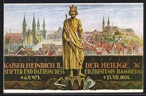 Künstler-AK Bamberg, Teilansicht, Standbild Heinrich II., Neunjahrhundertfeier 1924, Festpostkarte