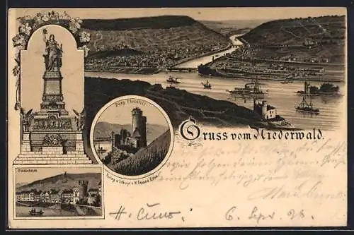 Lithographie Assmannshausen, Burg Ehrenfels, Niederwald-Denkmal