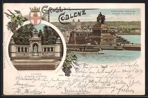 Lithographie Coblenz, Kaiserin Augusta-Denkmal und Provonzial-Denkmal Kaiser Wilhelm I