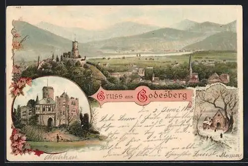 Lithographie Godesberg, Ortsansicht mit Burg