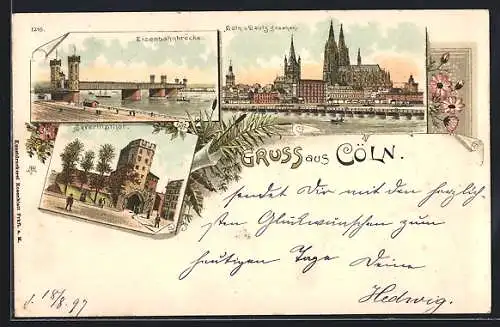 Lithographie Cöln, Eisenbahnbrücke, Severinsthor und Ansicht von Deutz aus