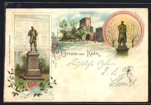 Lithographie Köln, Severintor, Bismarck-Denkmal, Moltke-Denkmal, Wappen