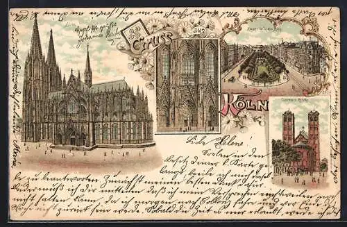 Lithographie Köln, Dom mit Hauptportal, Kaiser Wilhelm Ring, Gereons Kirche