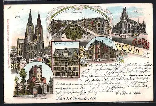 Lithographie Köln, Severinsthor, Dom und Stadttheater