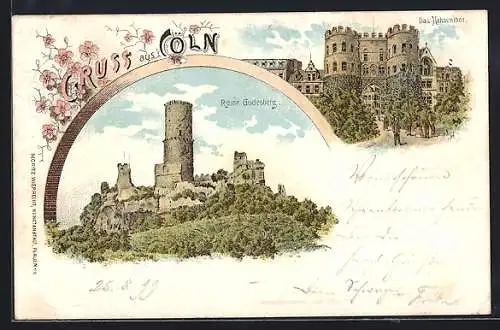 Lithographie Cöln, Das Hahnentor, Ruine Godesberg