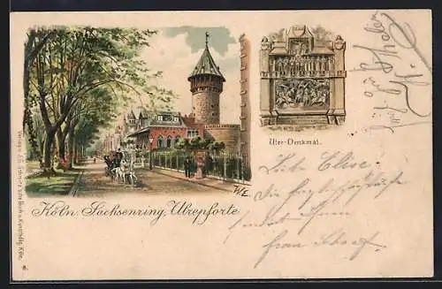 Lithographie Köln-Neustadt, Sachsenring mit Ulrepforte, Ulre-Denkmal