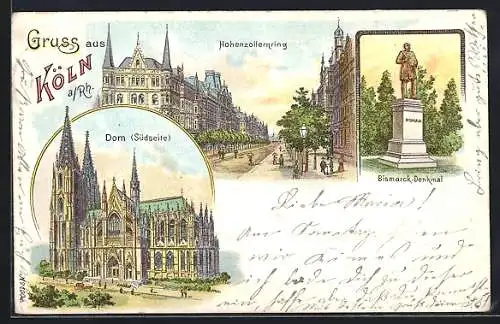 Lithographie Köln, Dom (Südseite), Hohenzollernring, Bismarck-Denkmal