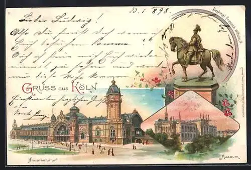 Lithographie Köln, Hauptbahnhof, Museum, Denkmal Friedrich Wilhelm IV