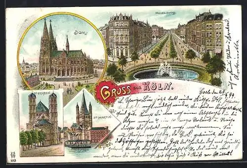 Lithographie Köln, Dom, St. Martin und Hohenstaufenring