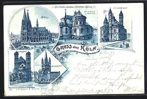 Lithographie Köln, St. Aposteln, St. Martin, Dom