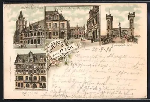 Lithographie Köln, Rathaus am Stadthausplatz, Stadtbibliothek, Eisenbahnbrücke