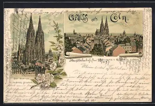 Lithographie Köln, der Dom von St. Andreas gesehen, Panorama von St. Gereon aus gesehen