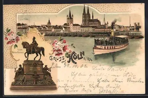 Lithographie Köln, Rheinpanorama mit Dom und Kaiser Wilhelm-Denkmal