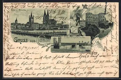 Lithographie Köln, Ansicht von Deutz aus, Eisenbahnbrücke und Hahnenthor