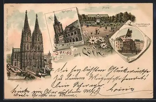 Vorläufer-Lithographie Köln, 1895, Dom, Rathaus und Flora