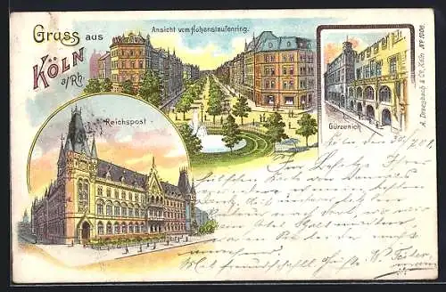 Lithographie Köln, Gürzenich, Hohenstaufenring und Reichspost