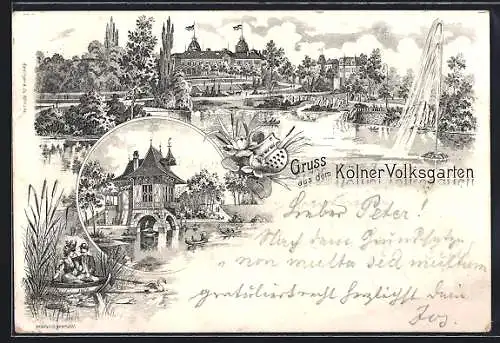 Lithographie Köln-Neustadt, Kölner Volksgarten, Teilansicht mit Fontäne, Paar im Boot Amor, Haus am Bootsteich