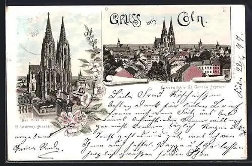 Lithographie Köln, Der Dom und Panorama von St. Gereon aus