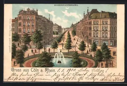 Lithographie Köln-Neustadt, Hohenstaufenring mit Springbrunnen