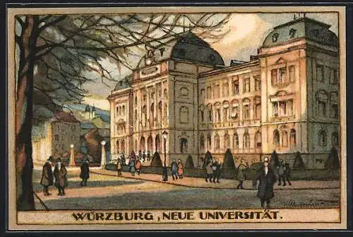 Steindruck-AK Würzburg, Aussenansicht der neuen Universität mit Passanten