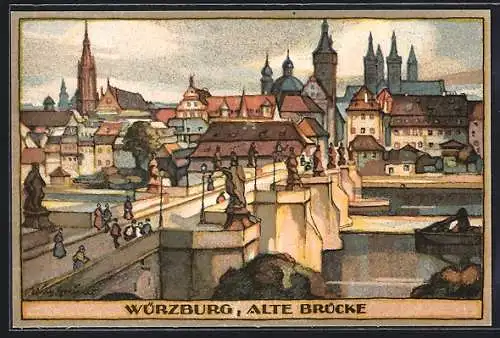 Steindruck-AK Würzburg, Partie an der Alten Brücke