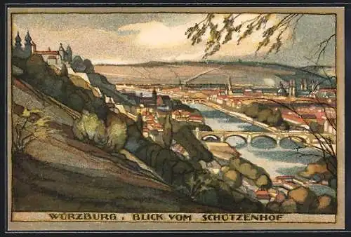 Steindruck-AK Würzburg, Blick vom Schützenhof