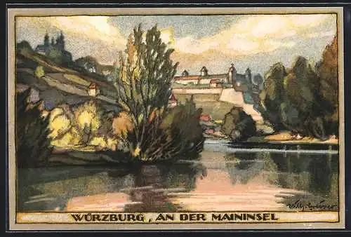 Steindruck-AK Würzburg, an der Maininsel