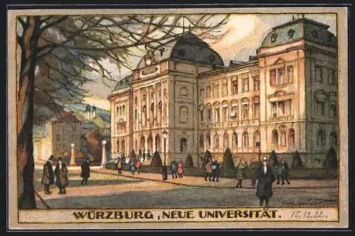 Steindruck-AK Würzburg, Aussenansicht der neuen Universität mit Passanten