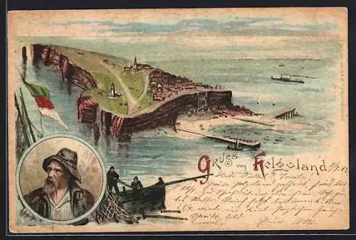 Lithographie Helgoland, Fischer im Portrait, Gesamtansicht der Insel