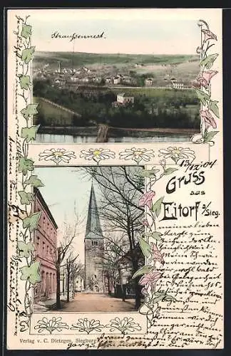 AK Eitorf a. Sieg, Strassenpartie mit Kirche, Panorama