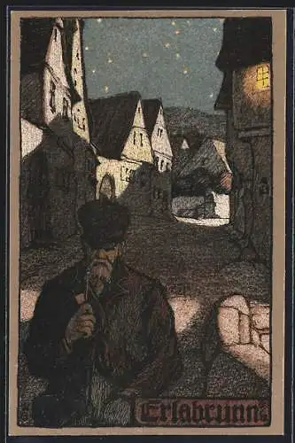 Steindruck-AK Erlabrunn / Main, Alter Pfeiferaucher beim Abendspaziergang auf einer Strasse