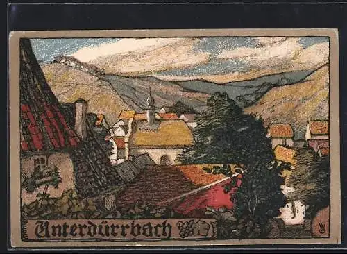 Steindruck-AK Unterdürrbach, Blick über den Ort auf Höhenzüge