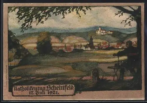 Künstler-AK Scheinfeld, Panorama zum Katholikentag 17. Juli 1921