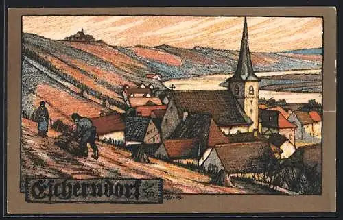 Steindruck-AK Escherndorf a. M., Teilansicht mit Kirche und Bauern