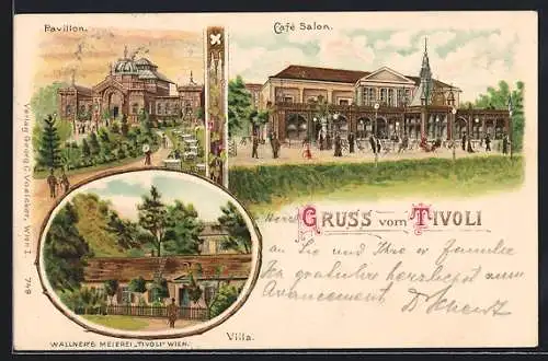 Lithographie Wien, Restaurant Wallner`s Meierei Tivoli, Café Salon, Pavillon, Villa