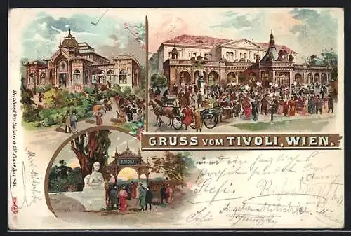 Lithographie Wien, Gasthaus Tivoli mit Besuchern
