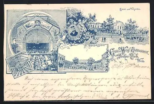 Lithographie Wien, Weigl-Restaurant Dreher Park, Entree und Vorgarten, Katharinen-Festhalle