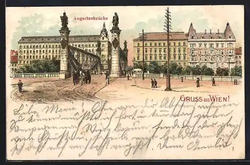 Lithographie Wien, Augartenbrücke mit Statuen auf den Brückenpfeilern