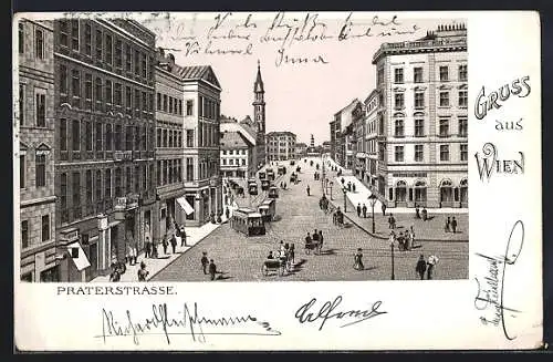 Lithographie Wien, Praterstrasse, Strassenbahnen und Passanten