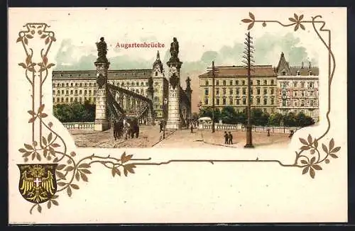 Lithographie Wien, Augartenbrücke und Wappen